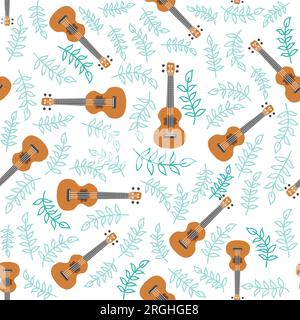 Ukulele seamless pattern, ukulele. Pattern with monstera, leaves, flowers notes inscriptions Stock Vector
