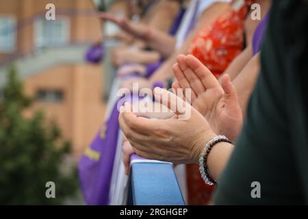 Madrid, Spain. 09th Aug, 2023. A group of women applaud during a feminist rally in the San Blas neighborhood in Madrid. As of August 9, 2023, Spain registers 35 sexist murders against women so far this year. (Photo by David Canales/SOPA Images/Sipa USA) Credit: Sipa USA/Alamy Live News Stock Photo