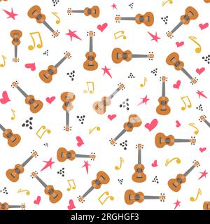 Ukulele seamless pattern, ukulele. Pattern with monstera, leaves, flowers notes inscriptions Stock Vector