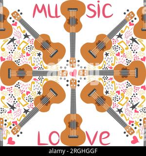Ukulele seamless pattern, ukulele. Pattern with monstera, leaves, flowers notes inscriptions Stock Vector