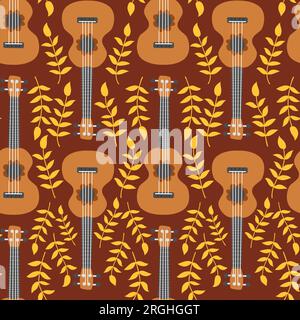 Ukulele seamless pattern, ukulele. Pattern with monstera, leaves, flowers notes inscriptions Stock Vector