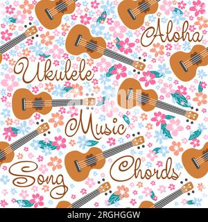 Ukulele seamless pattern, ukulele. Pattern with monstera, leaves, flowers notes inscriptions Stock Vector