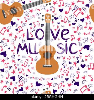 Ukulele seamless pattern, ukulele. Pattern with monstera, leaves, flowers notes inscriptions Stock Vector