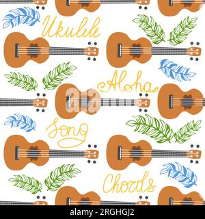 Ukulele seamless pattern, ukulele. Pattern with monstera, leaves, flowers notes inscriptions Stock Vector