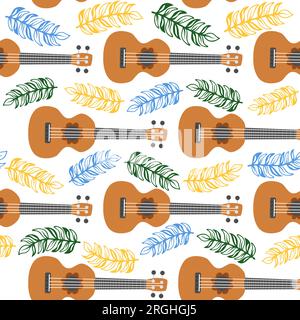 Ukulele seamless pattern, ukulele. Pattern with monstera, leaves, flowers notes inscriptions Stock Vector