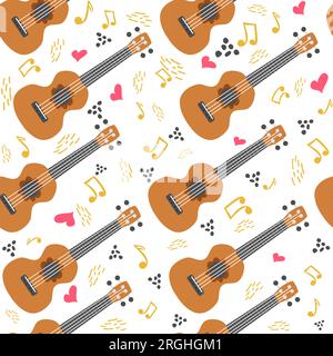 Ukulele seamless pattern, ukulele. Pattern with monstera, leaves, flowers notes inscriptions Stock Vector