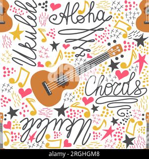 Ukulele seamless pattern, ukulele. Pattern with monstera, leaves, flowers notes inscriptions Stock Vector