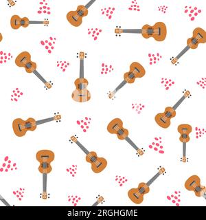 Ukulele seamless pattern, ukulele. Pattern with monstera, leaves, flowers notes inscriptions Stock Vector