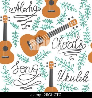 Ukulele seamless pattern, ukulele. Pattern with monstera, leaves, flowers notes inscriptions Stock Vector