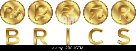 BRICS currency project symbol, coins with national currencies symbols, year 2023, vector illustration Stock Vector