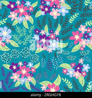 Fantasy seamless floral pattern with blue, pink, purple, red, orange flowers and leaves. Elegant template for fashion prints Stock Vector