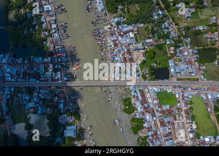 Aerial view of the Shahid Sheikh Russel Bridge over the Shibbaria River at Mahipur-Alipur point of Patuakhali-Kuakata Highway. The bridge has been nam Stock Photo