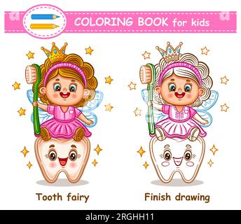 Cute magic tooth fairy, princess girl butterfly with cleaning mouth hygiene toothbrush. Children coloring book page. Finish color line drawing. Vector Stock Vector