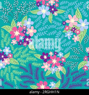 Fantasy seamless floral pattern with blue, pink, purple, red, orange flowers and leaves. Elegant template for fashion prints Stock Vector