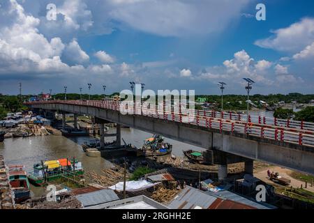 Aerial view of the Shahid Sheikh Russel Bridge over the Shibbaria River at Mahipur-Alipur point of Patuakhali-Kuakata Highway. The bridge has been nam Stock Photo