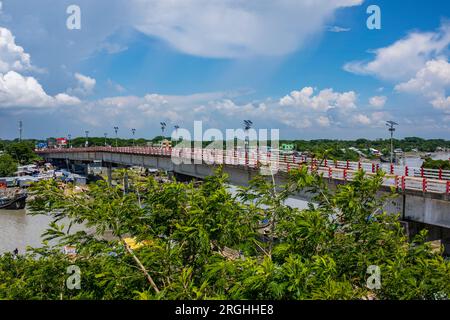 Aerial view of the Shahid Sheikh Russel Bridge over the Shibbaria River at Mahipur-Alipur point of Patuakhali-Kuakata Highway. The bridge has been nam Stock Photo