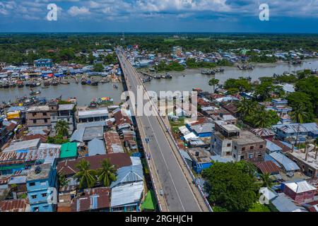 Aerial view of the Shahid Sheikh Russel Bridge over the Shibbaria River at Mahipur-Alipur point of Patuakhali-Kuakata Highway. The bridge has been nam Stock Photo