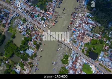 Aerial view of the Shahid Sheikh Russel Bridge over the Shibbaria River at Mahipur-Alipur point of Patuakhali-Kuakata Highway. The bridge has been nam Stock Photo