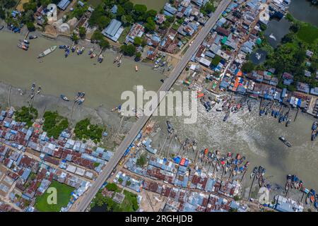 Aerial view of the Shahid Sheikh Russel Bridge over the Shibbaria River at Mahipur-Alipur point of Patuakhali-Kuakata Highway. The bridge has been nam Stock Photo