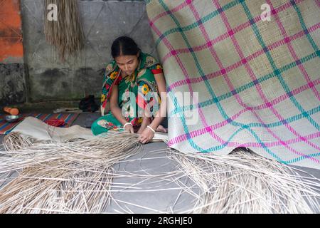 A woman weaves traditional shitol pati (cool mat) at her home in Hailakathi village of Jhalakathi’s Rajapur upazila. Jhalakathi, Bangladesh Stock Photo