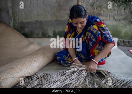 A woman weaves traditional shitol pati (cool mat) at her home in Hailakathi village of Jhalakathi’s Rajapur upazila. Jhalakathi, Bangladesh Stock Photo