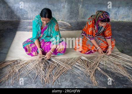 Women weave traditional shitol pati (cool mat) at her home in Hailakathi village of Jhalakathi’s Rajapur upazila. Jhalakathi, Bangladesh Stock Photo