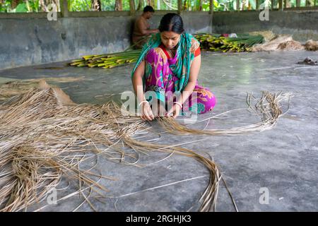 A woman weaves traditional shitol pati (cool mat) at her home in Hailakathi village of Jhalakathi’s Rajapur upazila. Jhalakathi, Bangladesh Stock Photo