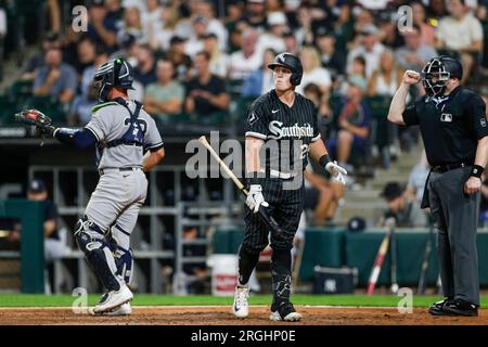 Chicago White Sox first baseman Andrew Vaughn (25) reacts after a strike out during a MLB regular season game between the New York Yankees and Chicago Stock Photo