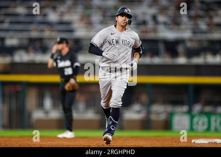 Chicago, USA. 08th Aug, 2023. New York Yankees catcher Kyle Higashioka (66)  hits a home run in the eighth inning during a MLB regular season game  between the New York Yankees and