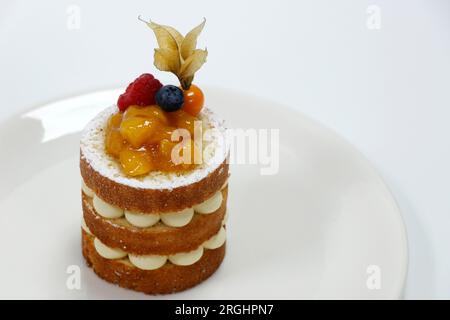 mango and coconut creamy layer cake isolated with white background Stock Photo