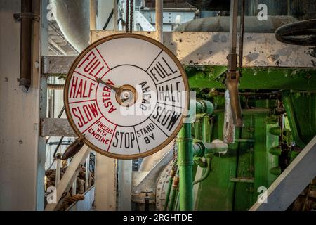 telegraph controls in engine room of a vintage steamship Stock Photo