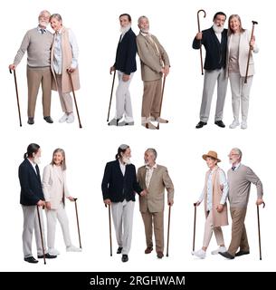 Collage with photos of senior men and woman with walking canes on white background Stock Photo