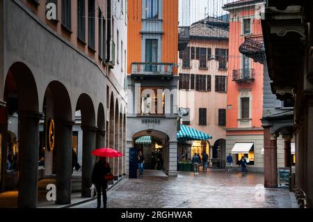 The farmers market and covered arcades in Italian speaking Lugano, Switzerland. Stock Photo