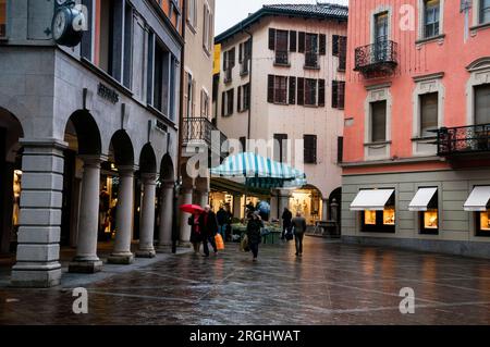 The farmers market and covered arcades in Italian speaking Lugano, Switzerland. Stock Photo