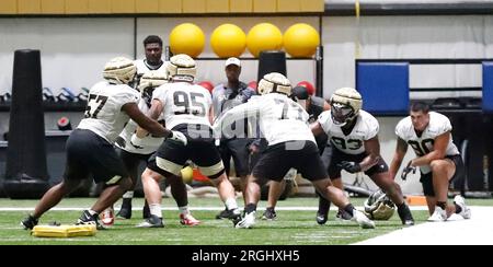 Metairie, USA. 09th Aug, 2023. The defensive tackles engage during a drill during New Orleans Saints training camp at the Ochsner Sports Performance Center Indoor Facility in Metairie, Louisiana on Wednesday, August 9, 2023. (Photo by Peter G. Forest/Sipa USA) Credit: Sipa USA/Alamy Live News Stock Photo