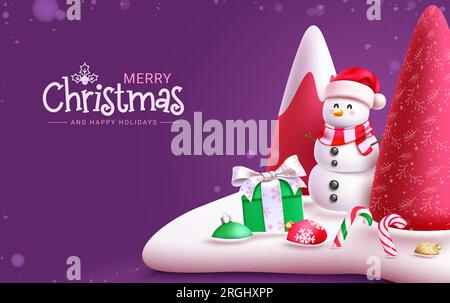 Merry christmas text vector design. Christmas snow man character with fir tree and xmas gift box ornaments in winter snow background. Vector Stock Vector