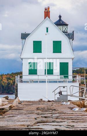 Rockland Breakwater Lighthouse, was built in 1888 on a mile long 'breakwater' in Rockland Harbor at Rockland, Maine. Small, square, 25 foot tower. Stock Photo