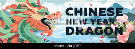 Happy chinese New Year 2024 banner. China dragon zodiac sign on river backdrop. Asian festive horizontal print. Creative typography art cover. Oriental traditional mythical serpent vector illustration Stock Vector