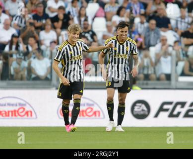 Turin, Italy. 09th Aug, 2023. Dean Huijsen of Juventus and Nicolo Cudrig of  Juventus NextGen U23 during the pre-season test match between Juventus Fc  and Juventus NextGen U23 on 09 August 2023