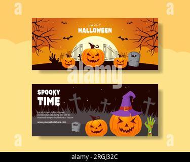 Happy Halloween Day Horizontal Banner Flat Cartoon Hand Drawn Templates Background Illustration Stock Vector
