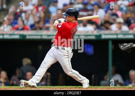 CLEVELAND, OH - AUGUST 09: Cleveland Guardians first baseman Kole Calhoun  (56) reacts after being caught stealing during the fourth inning of the  Major League Baseball game between the Toronto Blue Jays