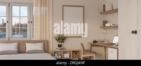 Interior design of a cozy minimalist bedroom with a comfy bed against the window, a wooden cabinet, a minimal wooden desk, wall shelf, and a blank fra Stock Photo