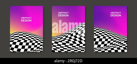 Abstract gradients with checkered liquid surfaces. Distorted black and white pattern on pink magenta backgrounds. Bright design templates for poster, banner, brochure, flyer, cover. Vector set Stock Vector