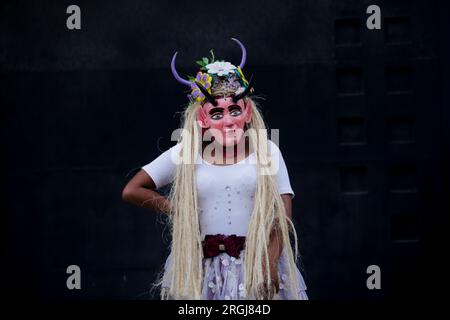 Tixtla, Guerrero, Mexico. 10th Aug, 2023. Member of the dance of the devils, characterised as a little devil. (Credit Image: © Luis E Salgado/ZUMA Press Wire) EDITORIAL USAGE ONLY! Not for Commercial USAGE! Credit: ZUMA Press, Inc./Alamy Live News Stock Photo