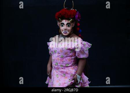 Tixtla, Guerrero, Mexico. 10th Aug, 2023. Member of the dance of the devils, characterised as a little devil. (Credit Image: © Luis E Salgado/ZUMA Press Wire) EDITORIAL USAGE ONLY! Not for Commercial USAGE! Credit: ZUMA Press, Inc./Alamy Live News Stock Photo