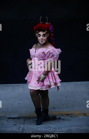 Tixtla, Guerrero, Mexico. 10th Aug, 2023. Member of the dance of the devils, characterised as a little devil. (Credit Image: © Luis E Salgado/ZUMA Press Wire) EDITORIAL USAGE ONLY! Not for Commercial USAGE! Credit: ZUMA Press, Inc./Alamy Live News Stock Photo