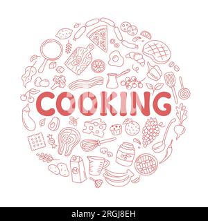 Cooking doodles round design set. Vector illustrations of isolated kitchen elements utensils, kitchenware, food, meal ingredients. Fruits, vegetables Stock Vector