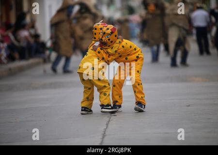 Tixtla, Guerrero, Mexico. 10th Aug, 2023. Nahua children characterising fighting jaguars (Credit Image: © Luis E Salgado/ZUMA Press Wire) EDITORIAL USAGE ONLY! Not for Commercial USAGE! Credit: ZUMA Press, Inc./Alamy Live News Stock Photo