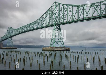 Bridge in Astoria Oregon, crosses over the Columbia River into Washington. The 4.2 mile long Astoria Megler bridge over the Columbia River near the mo Stock Photo