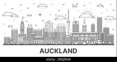 Outline Auckland New Zealand city skyline with modern and historic buildings isolated on white. Vector illustration. Auckland cityscape with landmarks Stock Vector